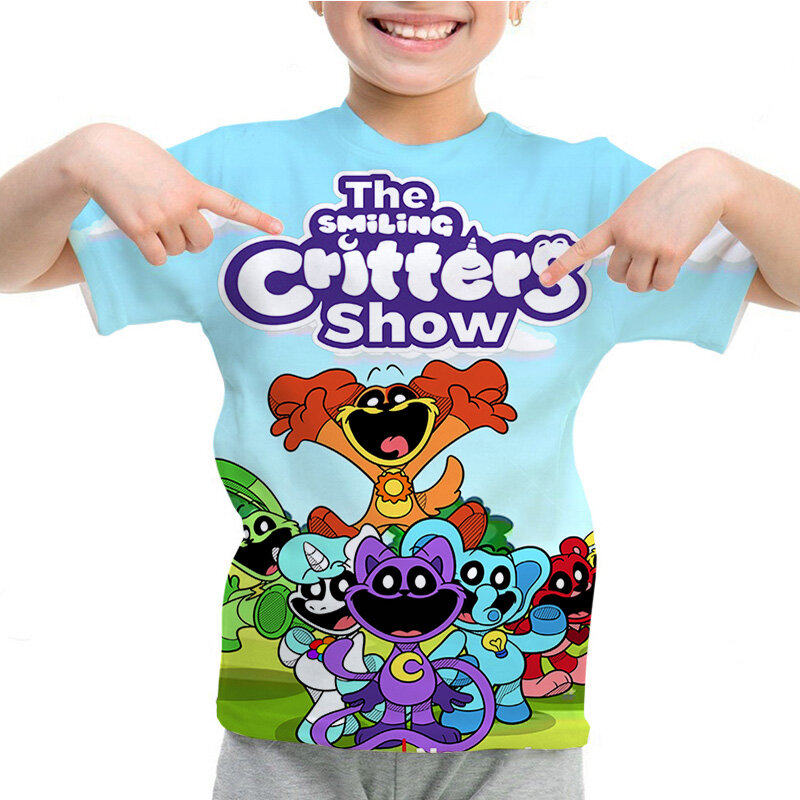 Uśmiechnięte stworzenia koszulka z nadrukiem letnie ubrania dla dzieci śmieszne dziewczyny koszulki dla chłopców na co dzień z krótkim rękawem dla dzieci