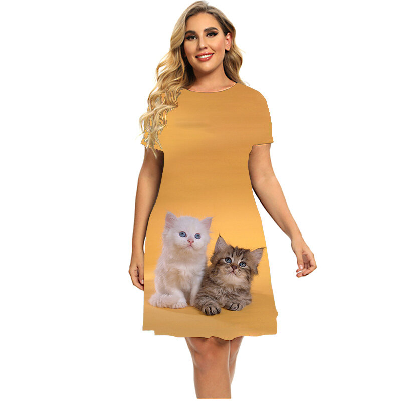 애완 동물 흰 고양이 드레스, 귀여운 고양이 3D 프린트 드레스, 패션 반팔 루즈한 의류, 여름 플러스 사이즈 드레스, 4XL 5XL 6XL