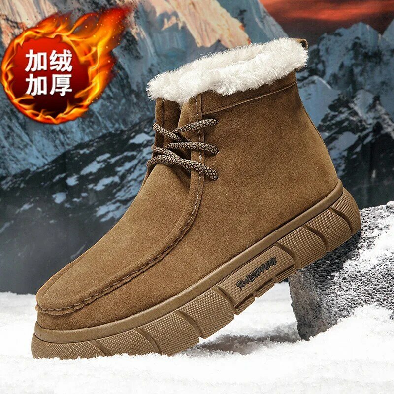 Sepatu bot katun kasual nyaman pria, sepatu bot Ankle bertali beludru musim dingin, sepatu bot salju Anti licin, sepatu hangat sederhana untuk pria