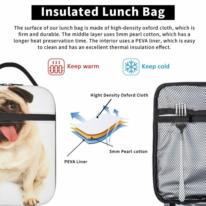 Bolsa de almuerzo con aislamiento de perro Pug, paño Oxford personalizado, regalo de cumpleaños de oficina