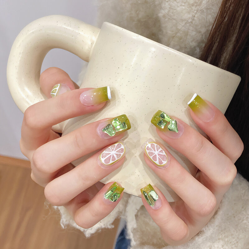 10pcs Cute Lemon Handmade Press on Nails Medium Gradient Green False Nail with 3D Love Green Diamond Full Cover French Nail Tips