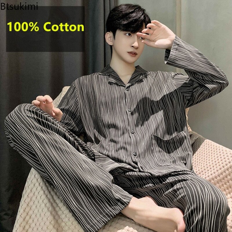 Conjuntos de pijamas de moda para hombre, ropa de dormir de algodón puro de manga larga, transpirable, talla grande, primavera y otoño, novedad