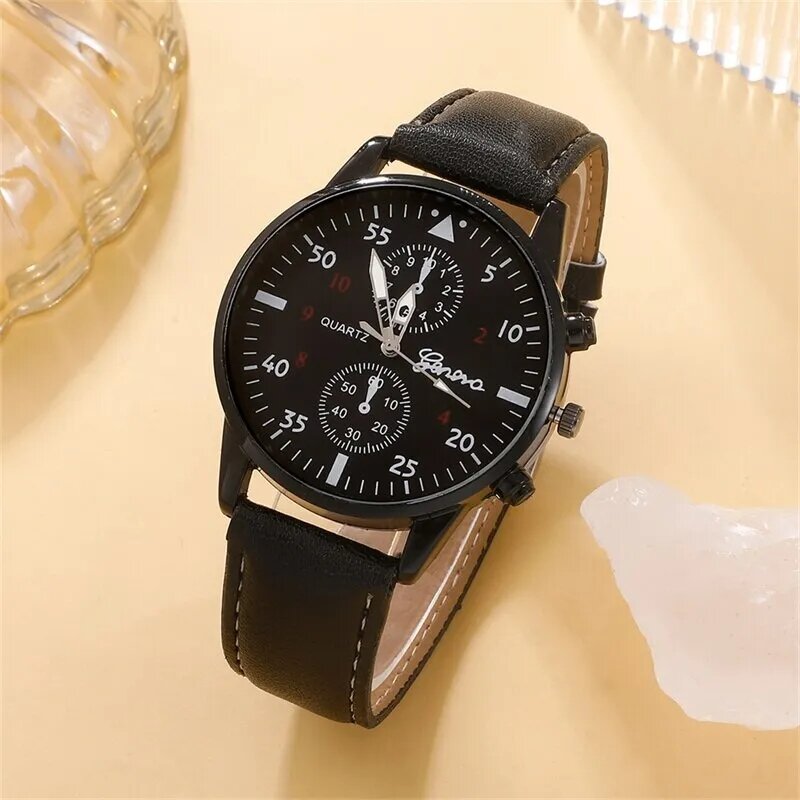 Relógio de pulso quartzo de couro preto masculino, colar com pulseira frisada, relógios de negócios, moda casual, 3 peças