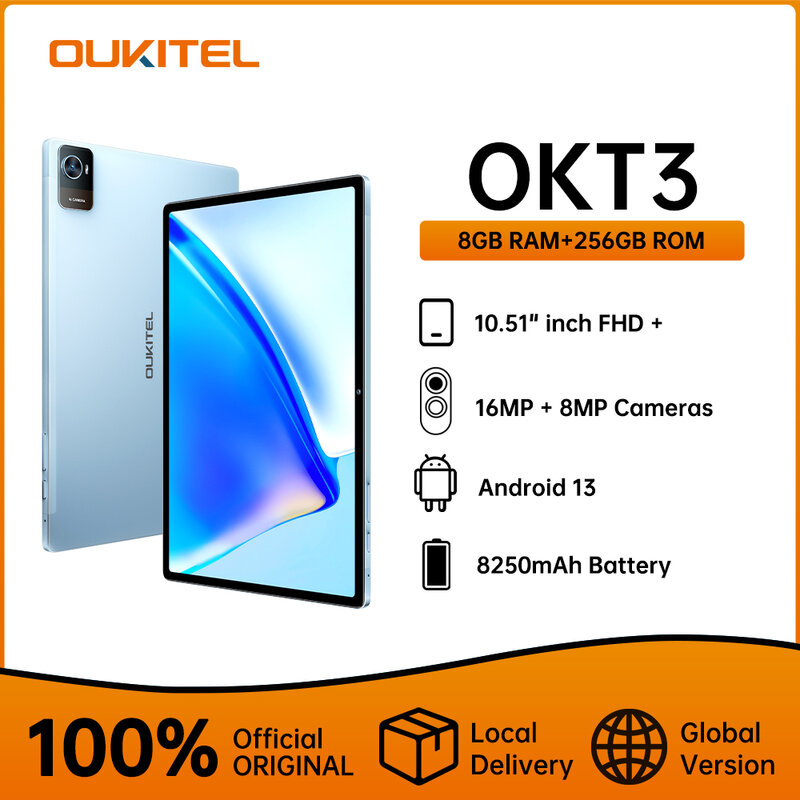 Oukitel-OKT3 Tablet com Octa Core, Android 13 Pad, Câmera de 16MP, FHD, 10.51 ", 8250mAh, 8GB, 256GB, T616