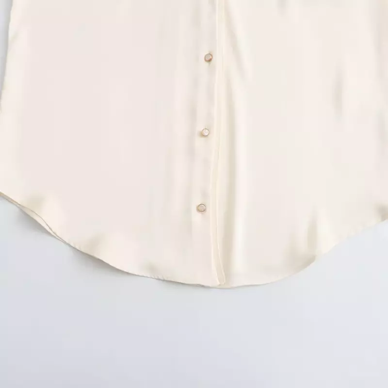 المرأة الحرير الساتان الملمس قميص عارضة ، الرجعية بأكمام طويلة ، زر أعلى ، أعلى أنيقة ، خليط فضفاض ، طية صدر السترة ، موضة جديدة