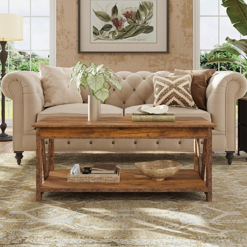 WLIVE Farmhouse Coffee Table,Living Room Table with Storage,43 in Wood Center Table with V-Shaped Frame for Home Office,Apartmen