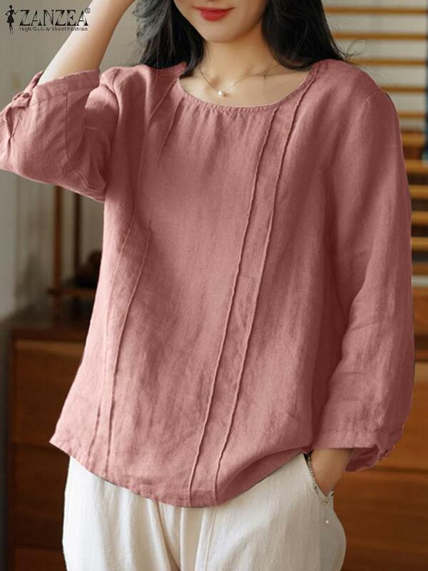 ZANZEA-blusa de algodão para mulheres, camisa com o pescoço, vintage manga 3/4, túnica, camisa feminina, tamanho grande, feriado, outono