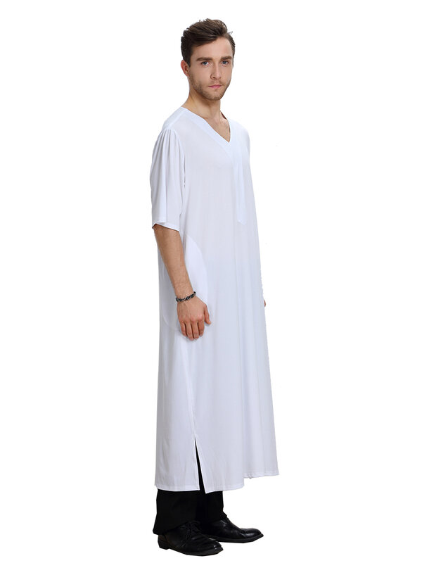 Uomini musulmani estate maniche corte scollo a v colore puro abito arabo maschio adulto lunghezza caviglia Thobe Ramadan Eid vestiti