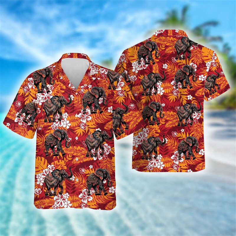 Kaus grafis gajah lucu untuk pria blus kerah pesta liburan kasual blus hewan kebun binatang mode Hawaii lengan pendek