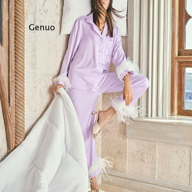 Spring and Summer European and American Fashion Feather Pajamas Suit Female 2022 Imitation Silk Ice Silk Ladies Home Wear
