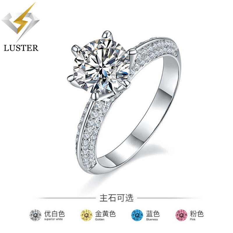 LUSTER Moissanite Ring 9mm 3ct D Color 925 Sterling Silver 18K White Gold Plated Diamond Test Passed Jewelry Gift for Women