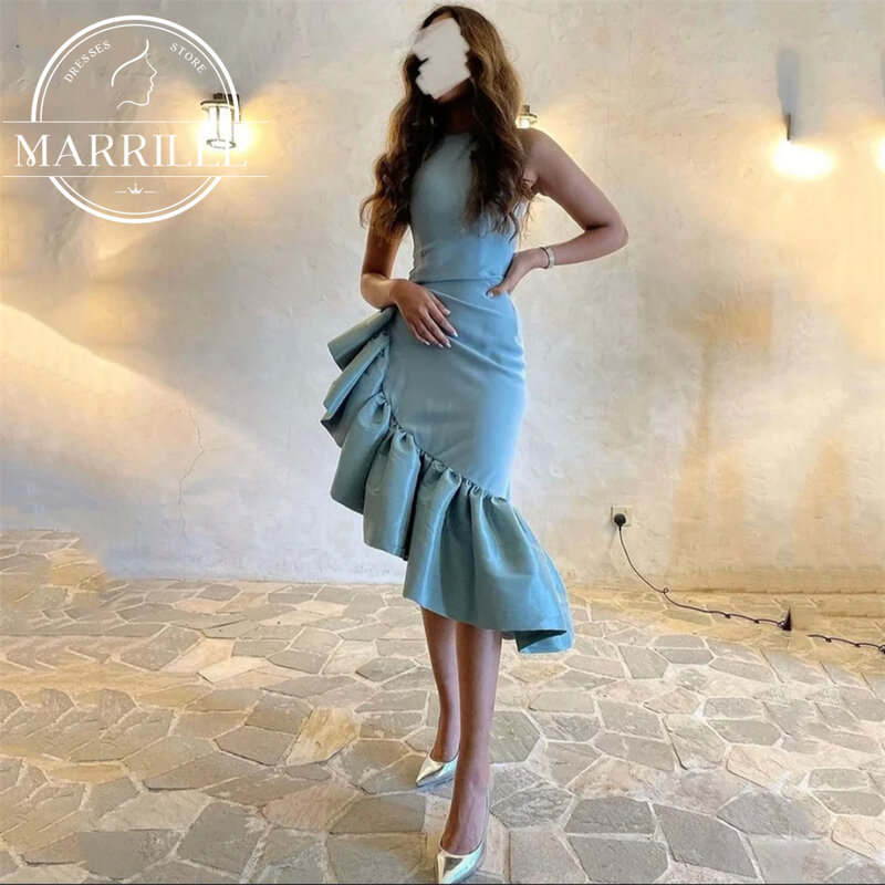 Marrilee очаровательное синее асимметричное вечернее платье с оборками простая О-образный вырез Русалка до колена без рукавов Формальные платья