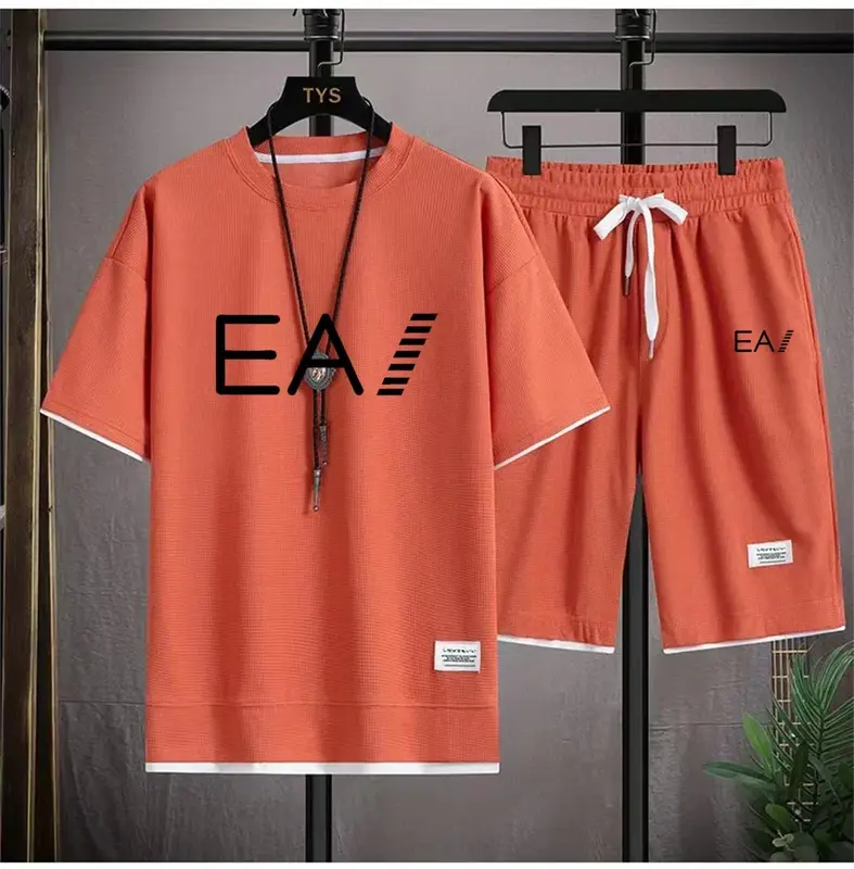 2024 man Men's New Summer Breathable Set, Round Neck Short Sleeved+two-piece Set Of 5/4 Shorts, With The Letters Ea1 Printed