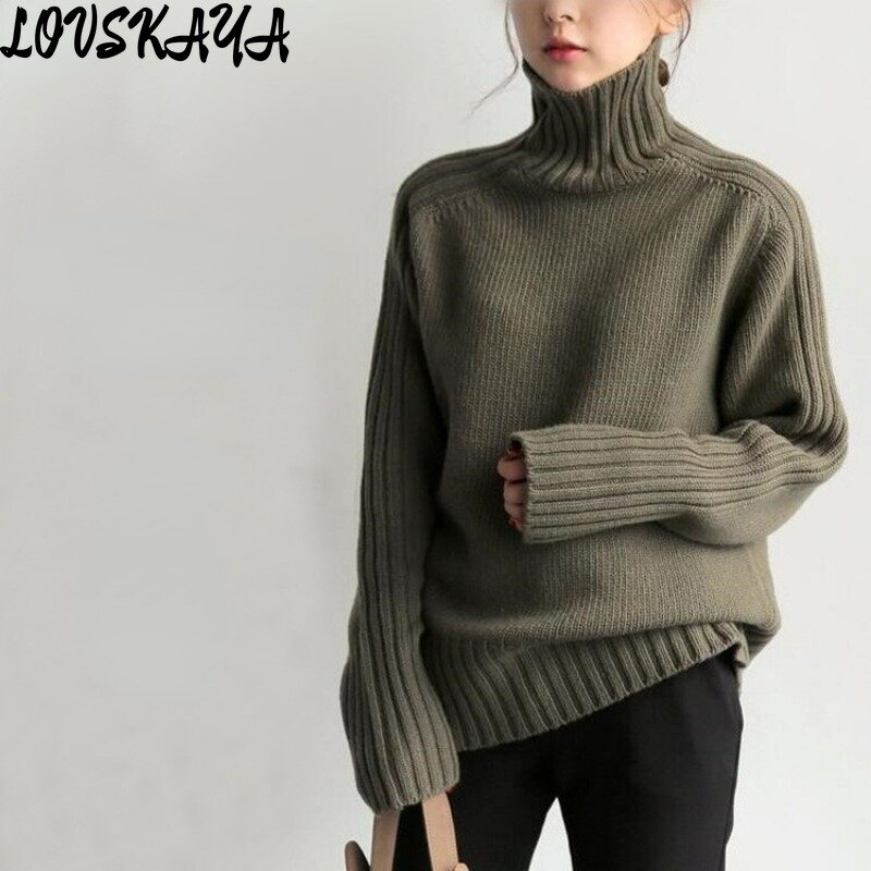 女性のためのシンプルで厚みのあるニットセーター,ストライプのパターン,ハイカラー,ゆったりとしたフィット感,レトロで怠惰な気質,冬