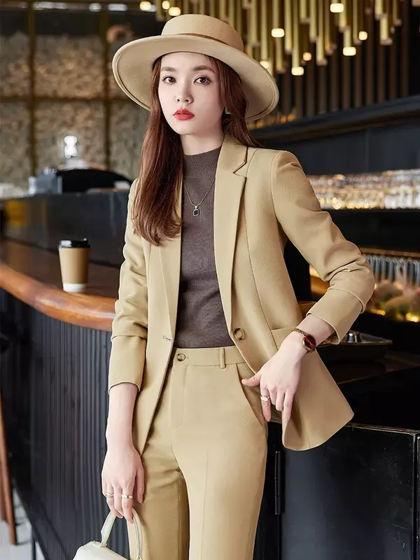 Office Ladies Formal Pant Suit Women Female Business Work Wear 2 Piece Set Pink Purple Green Red Navy Solid Blazer And Trouser