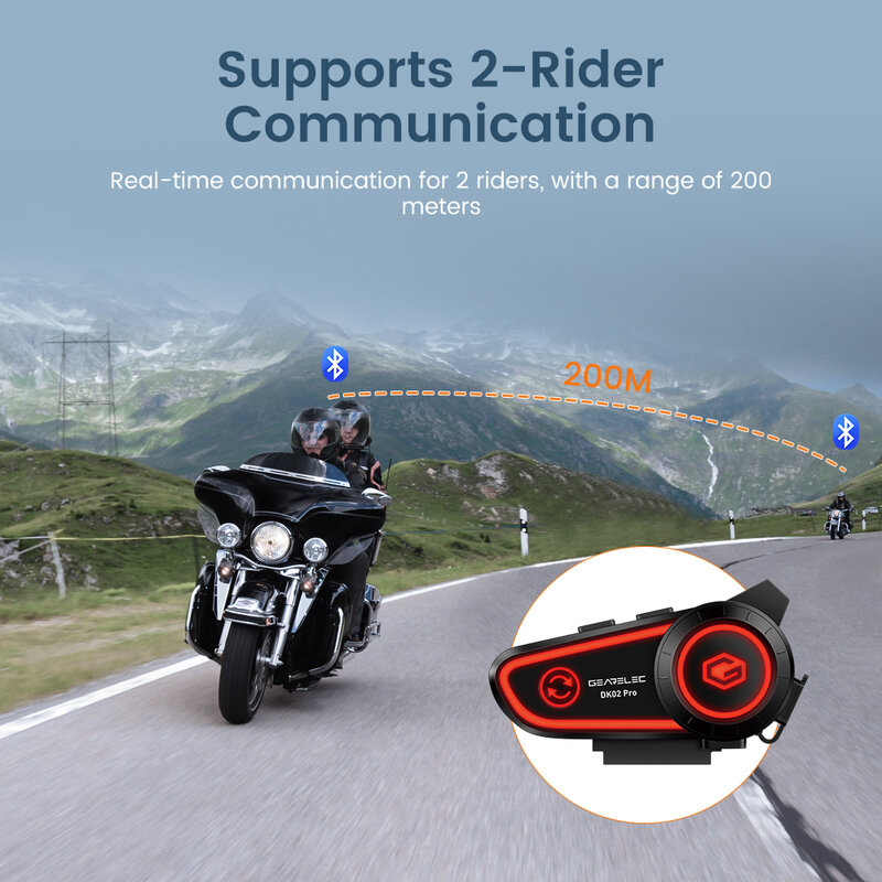 GEARELEC DK02 Pro helm motor, Headset interkom Bluetooth 5.2 2 pengendara IPX7 tahan air sistem komunikasi nirkabel