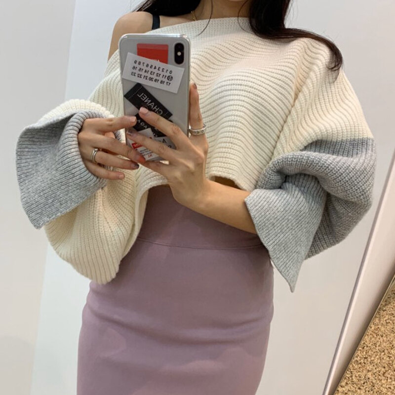 Korean Fashion Thick Pullover Short Sweater Knitted Women Loose Off Shoulder Sexy Lantern Sleeve Tops Mujer Winter Clothes 24213
