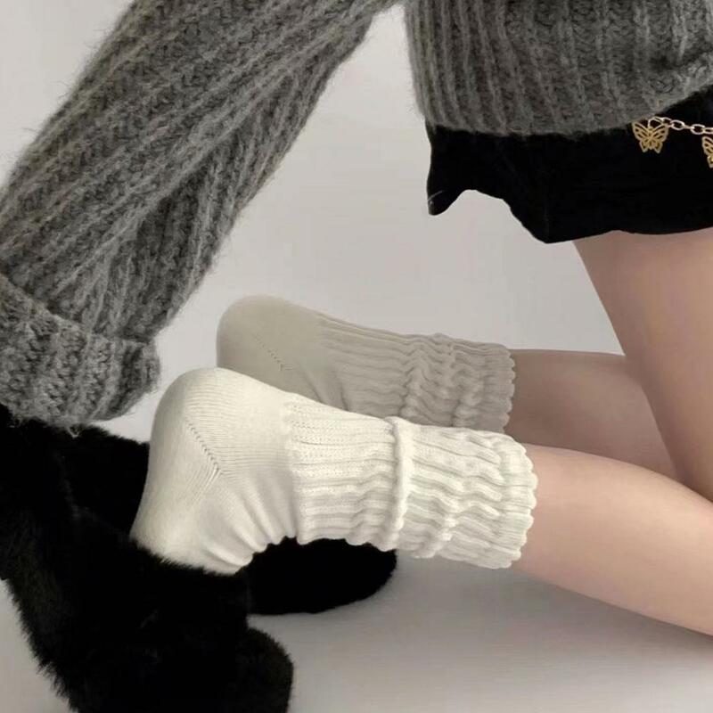 1 pasang kaus kaki rajutan modis lucu Lolita kaus kaki panjang rajutan musim gugur musim dingin untuk wanita warna polos tumpukan kaus kaki panjang Medium