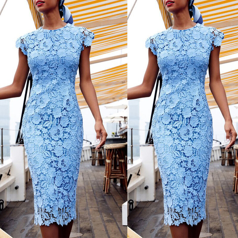 Women Elegant Lace Bodycon Party Dress Sleeveless O-neck Embroidery Hollow Birthday Gown Ladies Midi Pencil Evening Prom Dresses
