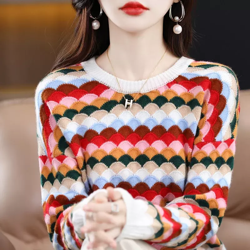Suéter de malha de caxemira feminino 100% lã merino, arco-íris com gola em O, pulôver solto, tops para assentamento, moda casual, outono, inverno