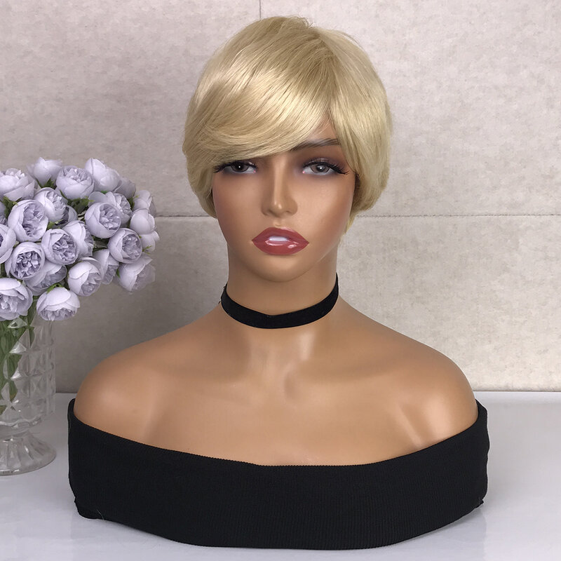 #613 Blonde Straight Human Hair Wig With Bangs Short Pixie Cut Machine Made Wigs For Women Glueless Wigs 5Inches HairUGo