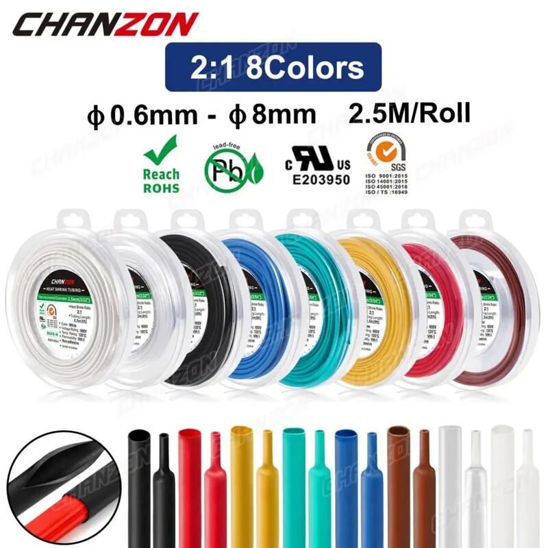 8 Multi Colors 0.6 - 8mm 2:1 2.5M/Roll Heat Shrink Tube Shrinking Hose Tape Wire Protector Heating Tubing EVA 1mm 3mm 2mm Tubes