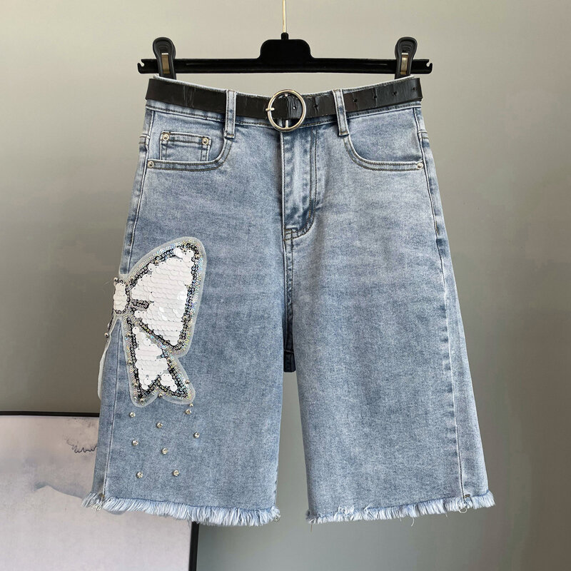 Z koralikami cekinowe spodenki jeansowe z kokardą kobiety z wysokim stanem proste dżinsy krótkie spodnie lato duże rozmiary casualowe szykowna, Slim dżinsy