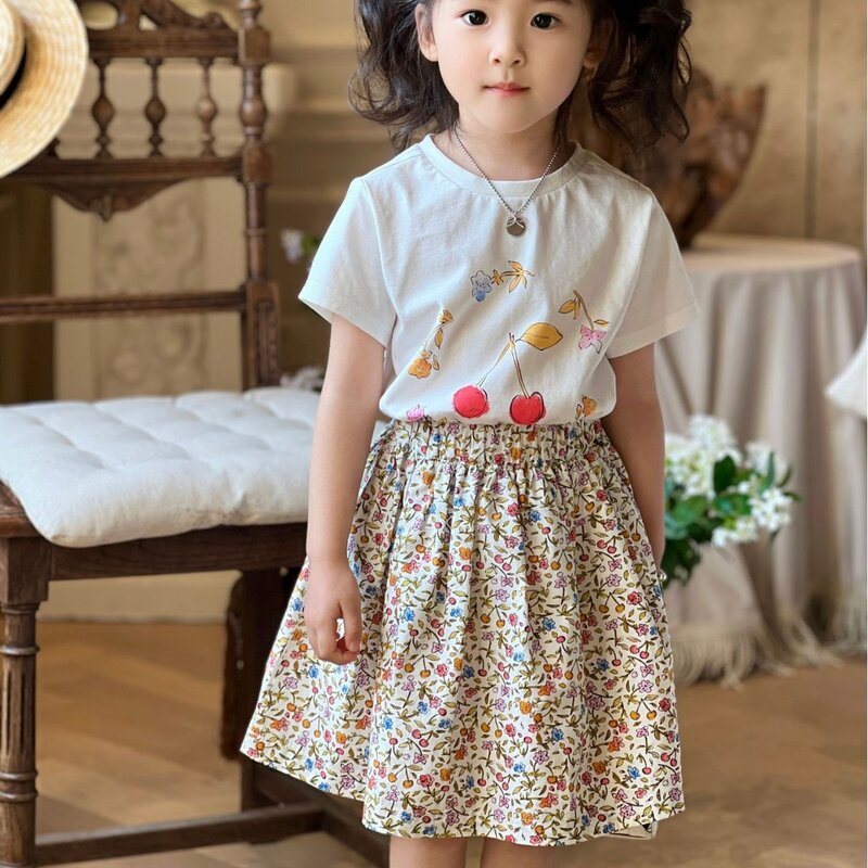 Детские футболки с цветочным принтом, коротким рукавом и юбкой