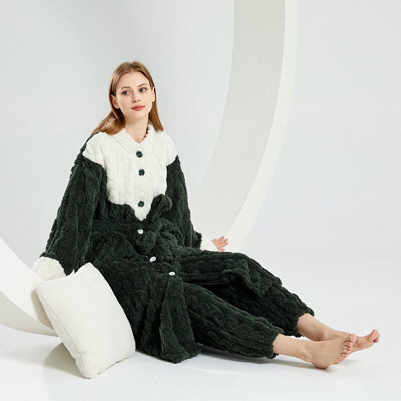 2023 neu in europäischen amerikanischen Frauen arktischen Samt Mode warme Lounge wear Set Winter Kontrast farbe Bademantel Hosen Set
