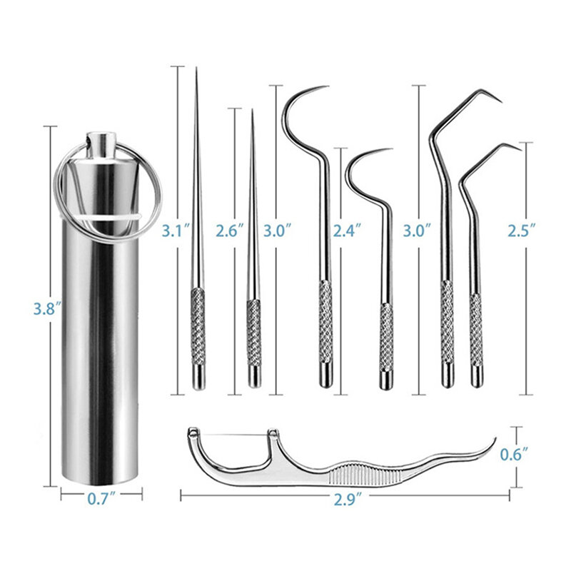 Aço inoxidável Portátil Dental Tool Set, Flossing Tooth Picking Tool, Metal Espiral Ear Pick, Colher Kit, Higiene Oral, Tártaro Remoção