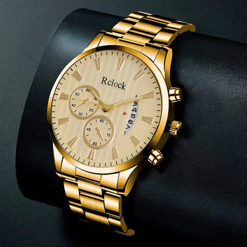 Ensemble de montres d'affaires en acier inoxydable pour hommes, bracelet en or décontracté, collier croisé, montre à quartz à la mode, 3 pièces