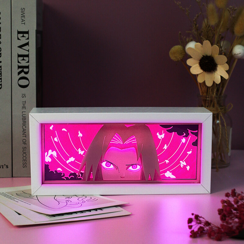 Caixa de luz Anime Frame de madeira branca, Face Eyes Paper Cut, Baby Night Light, Led USB Bedside Lamp, Kids Room Gift