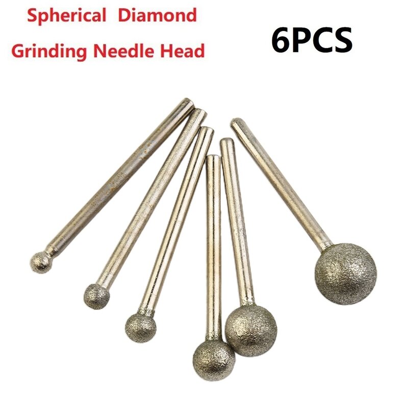 Cabezal de aguja de diamante esférico, vástago de 3mm para esculpir, molienda interna, 6 piezas, 4/5/6/8/10/12mm