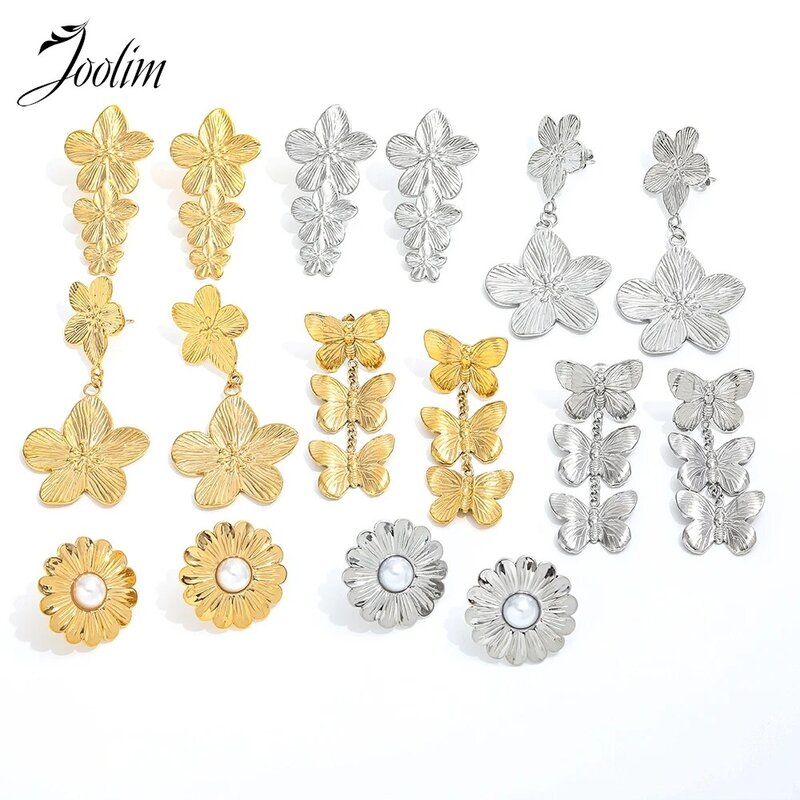 Joolim Jewelry High Quality PVD Wholesale Fashion Texture Sweety Cute Butterfly Flower Hoop Stainless Steel Earring for Women