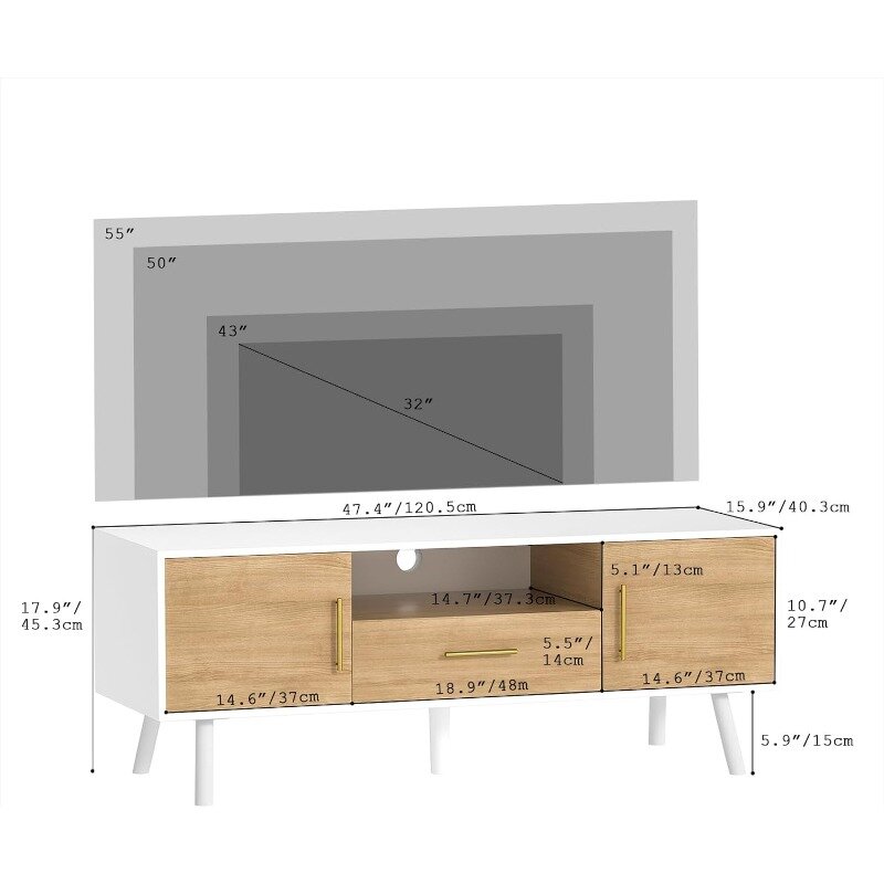 Modern TV Stand for TVs up to 55 inch, Entertainment Center with Storage Cabinet and Drawer, Bedroom TV Stand for Living Room