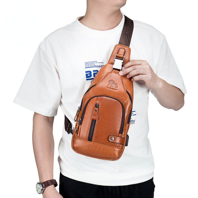 Мужская нагрудная сумка из воловьей кожи, повседневная Сумочка через плечо, деловая сумка на одно плечо с USB-разъемом, цвет коричневый/черный
