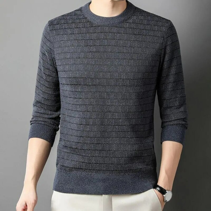 Round Neck Men Sweater Cozy Men's Winter Sweater Thickened Fleece Lining Slim Fit Knitwear for Autumn O-neck Long Sleeve