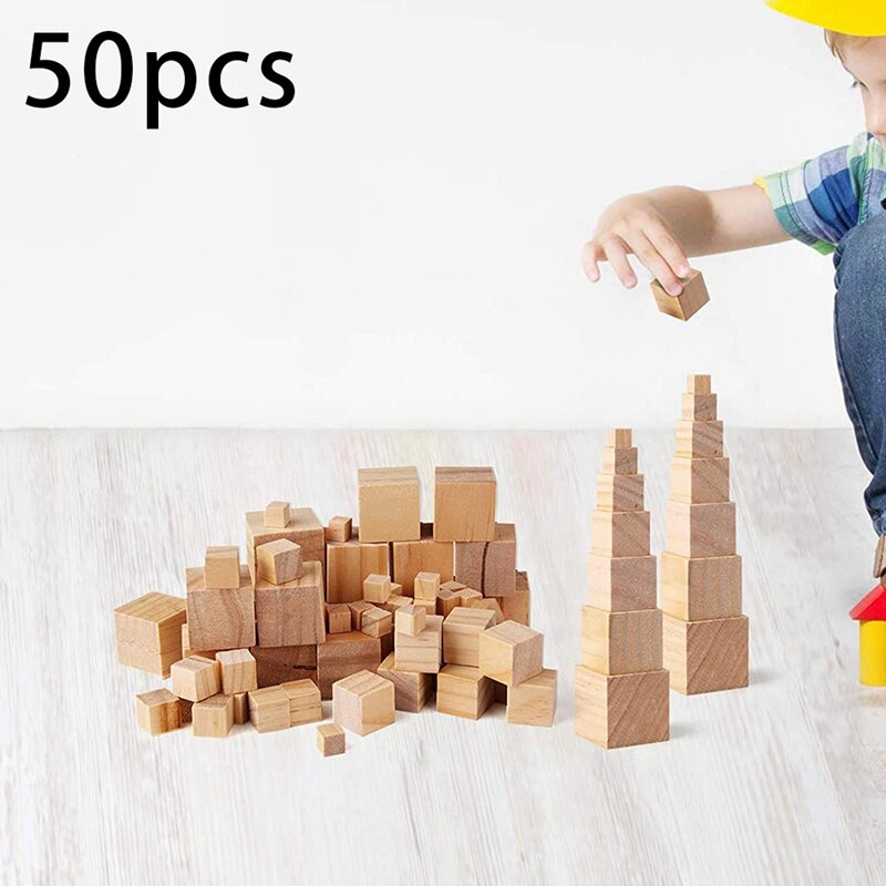 50 buah kotak kayu persegi balok kayu kosong untuk membuat teka-teki, kerajinan, dan proyek DIY