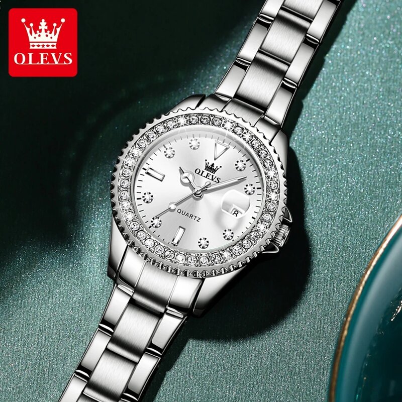 OLEVS jam tangan kuarsa untuk wanita, arloji Berlian Dial asli, jam tangan baja tahan karat tahan air untuk wanita