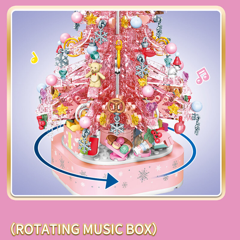 Bloques de construcción de árbol de Navidad de Cristal rosa, caja de música Diy, rompecabezas creativo, juguetes de montaje, regalo para niñas