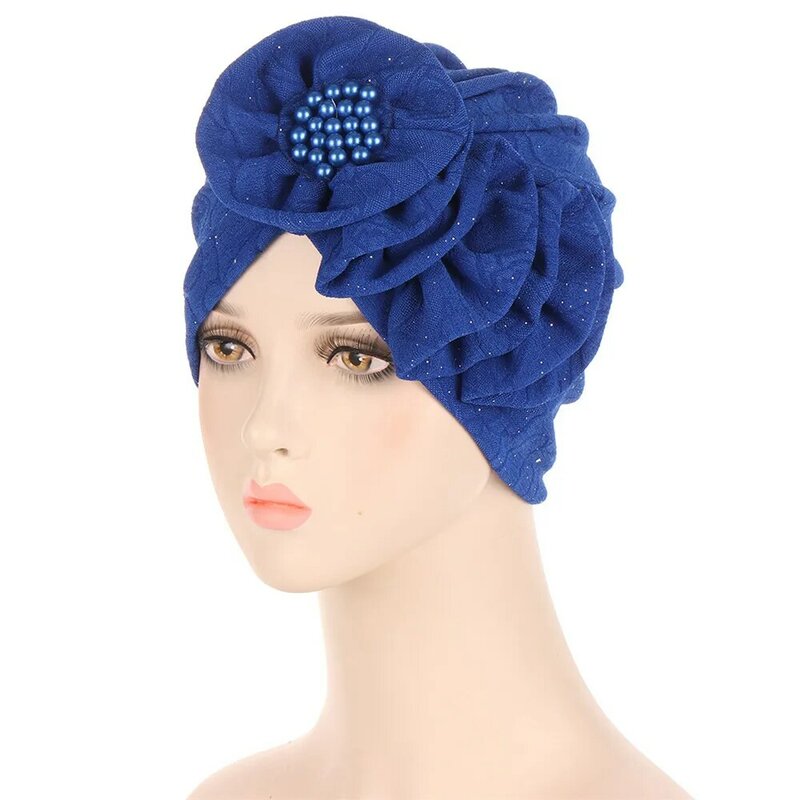 2024 Turban bunga besar untuk wanita topi Muslim Hijab mutiara topi Kemo modis untuk wanita gadis bungkus kepala topi India topi dalam