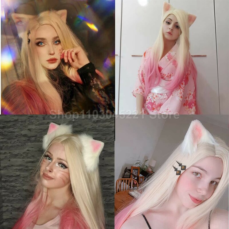 Wig panjang lurus wanita, Wig perempuan KDA Ahri emas dan merah muda, permainan peran bermain, kostum pesta Halloween