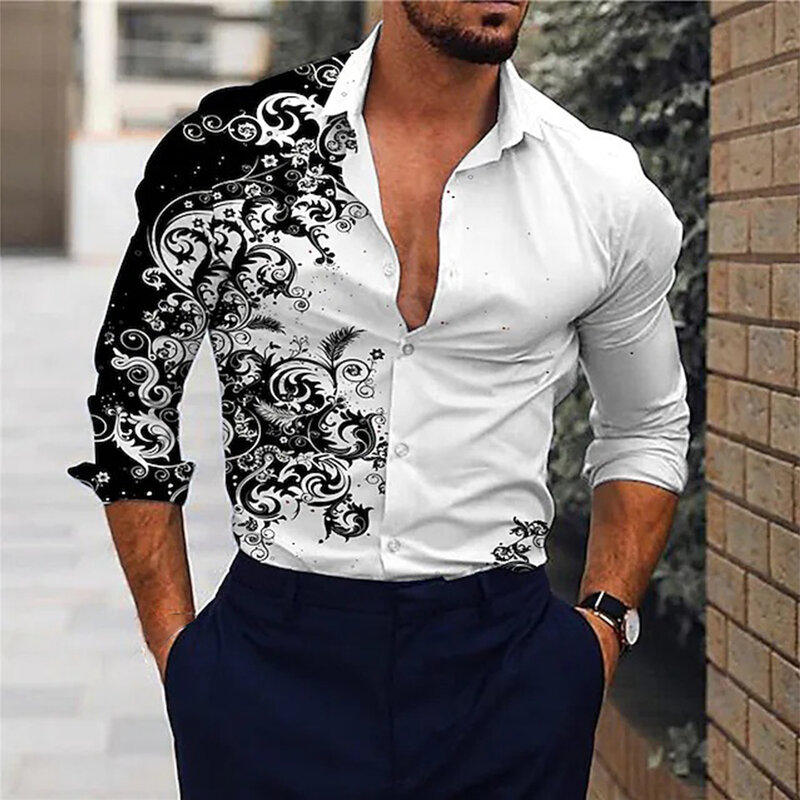 男性用長袖マッスルフィットネスTシャツ,バロックデザイン,ボタンダウン,シルクのようなイブニングドレス,カジュアルウェア,スタイリッシュ