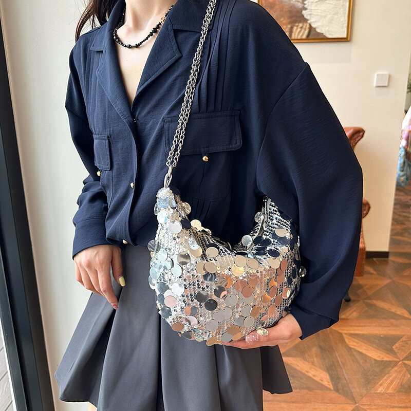 Bolso clásico de lentejuelas para mujer, bolsa de hombro con cadena de Color plateado, gran capacidad, a la moda, novedad de verano, 2024