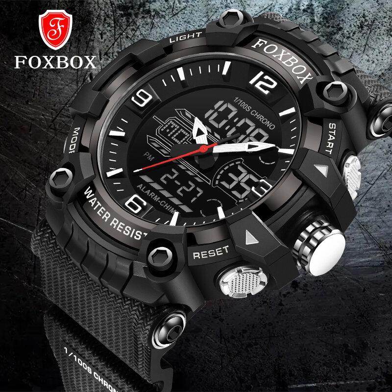 FOXBOX-Relógios De Quartzo Para Homens, Pulseira De Silicone, Relógios De Pulso Esportivos, Despertador Impermeável, Digitais Analógicos