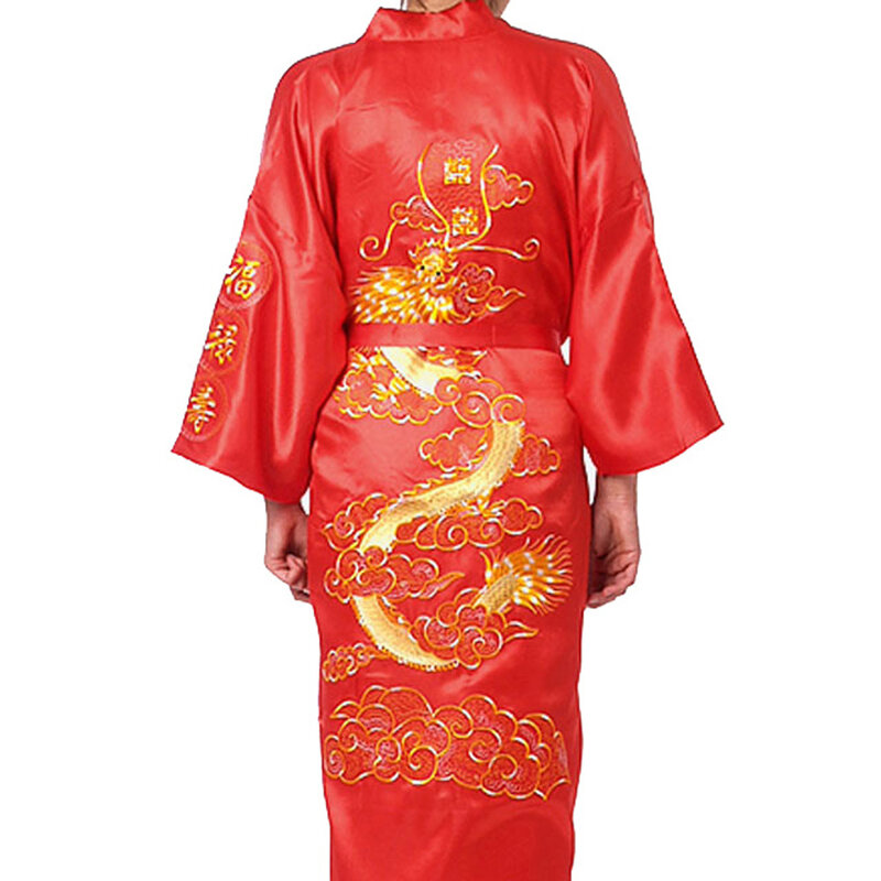 Men Fashion Satin Chinese Style Big Dragon Embroidery Nightgown Silk Kimono Sleepwear Pajamas Loose Casual Bathrobe Homewear