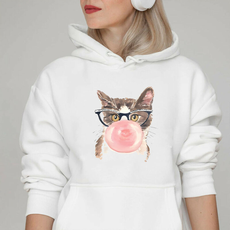 귀여운 버블 껌 고양이 여성 후드, 한국 스타일 후디, 패션 상의, 스웨터, 만화 후드, 미적 풀오버 의류