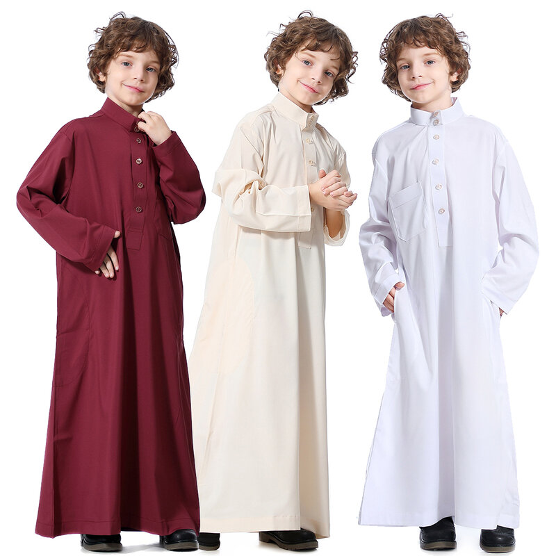 Meninos Crianças Muçulmano Islâmico Juba Kaftan Robe Arabian Dubai Qatar Menino Camisa De Manga Longa Abaya Robe Vestido Cor Sólida