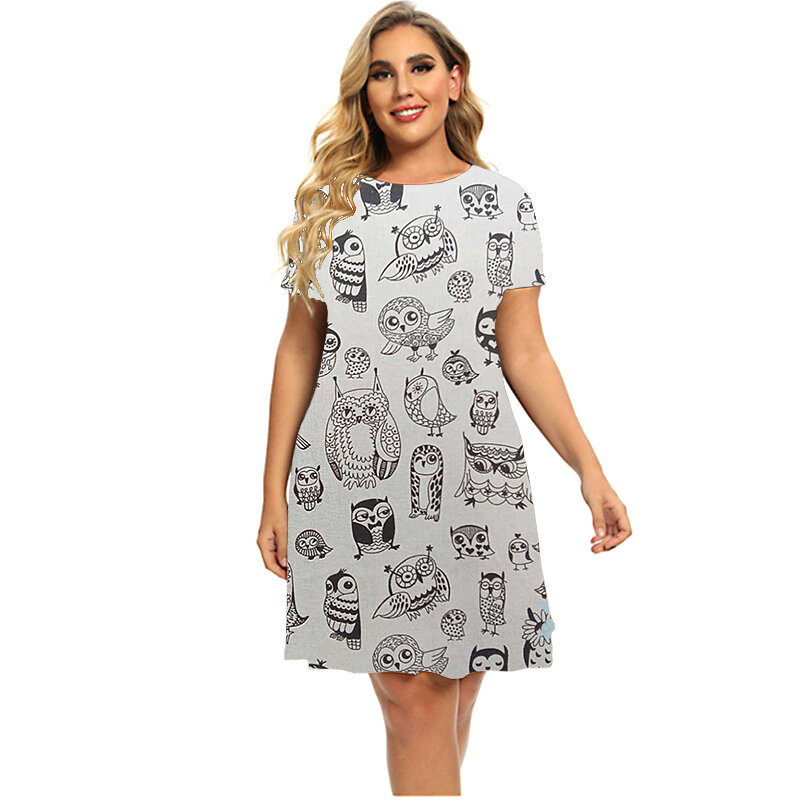 Zabawny wzór z kotkiem nadrukowana sukienka damska z krótkim rękawem wokół szyi sukienka trapezowa letnia modna odzież Plus rozmiar sukienka 6XL