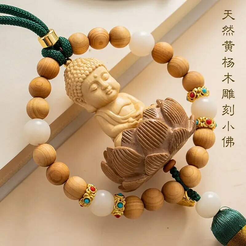 Foyou Liansheng-Colgante de borla de Buda tallado en madera maciza hecho a mano, adornos cortos para bolso, encantos para teléfono móvil, 2024